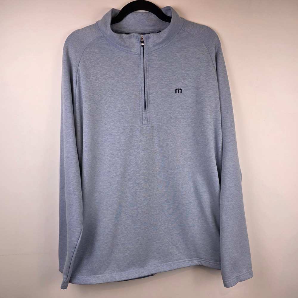 TravisMathew Mens XL Light Blue Heathered Quarter Zip Pullover Golf‎ Sweater